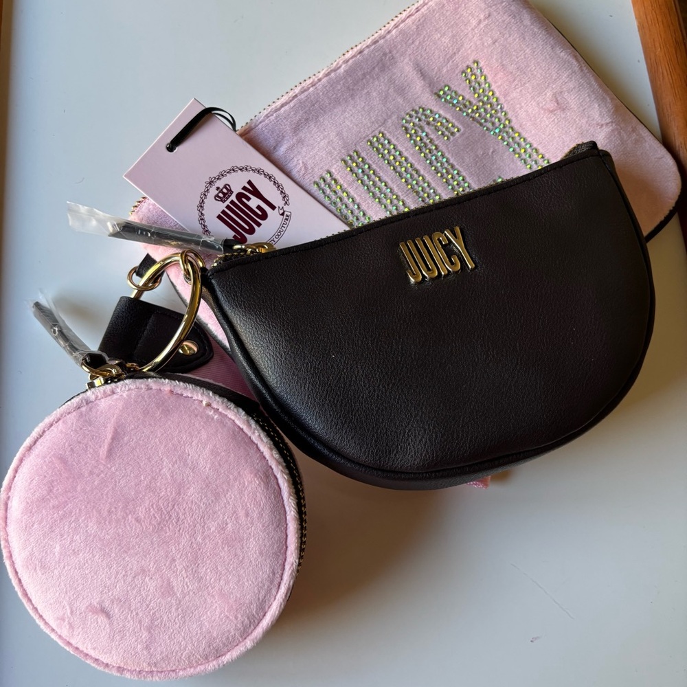 Juicy Couture Pink & Black Triple Pouch Keyring Set with Gold Accents